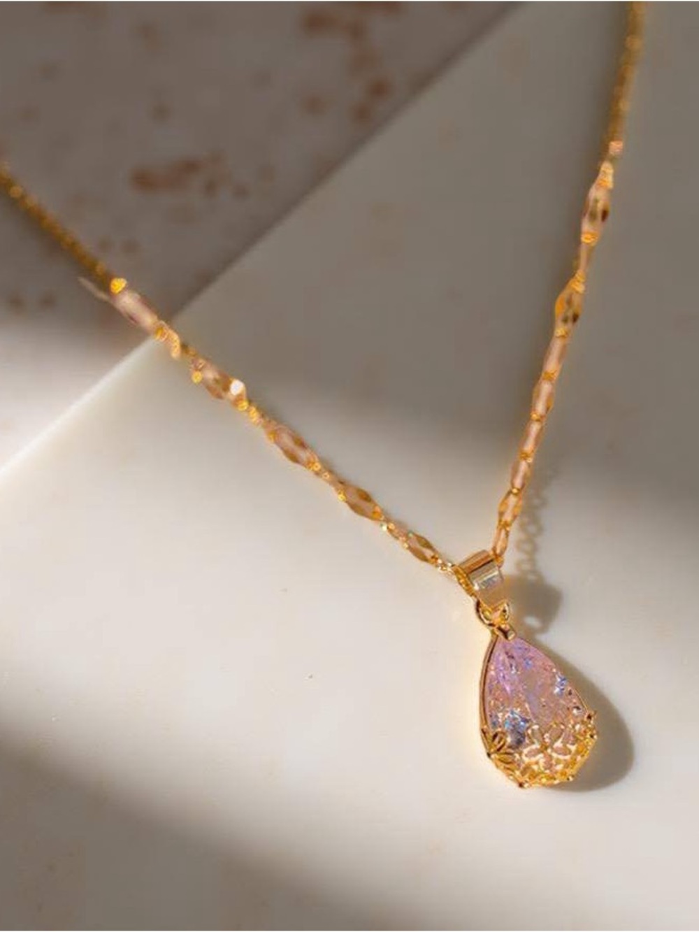 Gold Teardrop Necklace with Pink Iridescent Crystal Pendant
